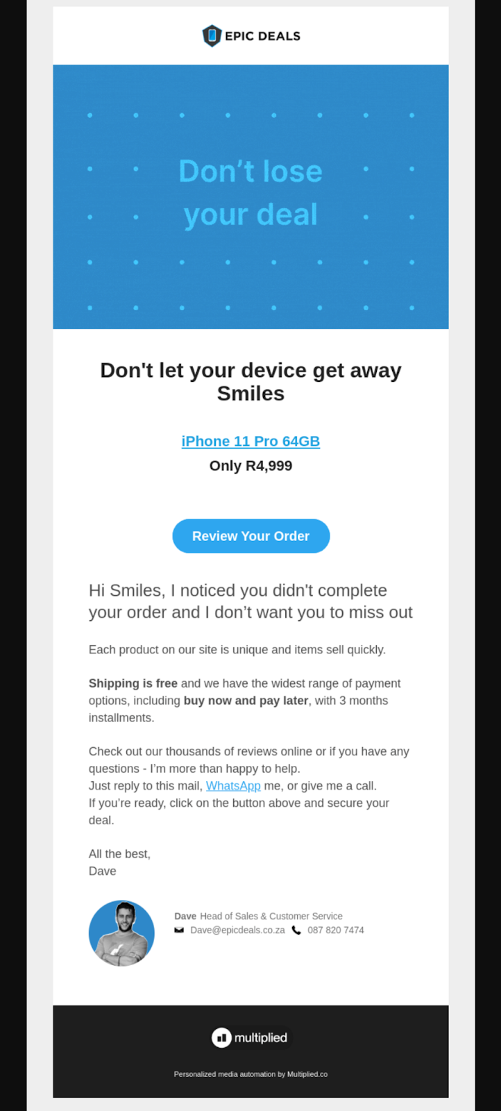 Personalized email marketing example showing cart abandonment reminder with product recommendations and customer-specific offers for growth marketing optimization